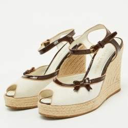Louis Vuitton White/Brown Canvas and Patent Leather Espadrille Wedge Sandals Size 36.5