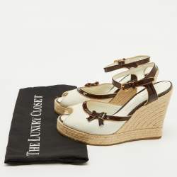 Louis Vuitton White/Brown Canvas and Patent Leather Espadrille Wedge Sandals Size 36.5