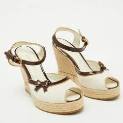 Louis Vuitton White/Brown Canvas and Patent Leather Espadrille Wedge Sandals Size 36.5