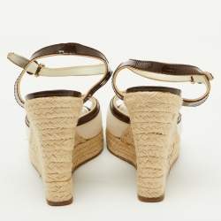 Louis Vuitton White/Brown Canvas and Patent Leather Espadrille Wedge Sandals Size 36.5