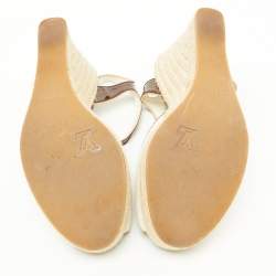 Louis Vuitton White/Brown Canvas and Patent Leather Espadrille Wedge Sandals Size 36.5