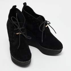 Louis Vuitton Black Monogram Suede Wedge Ankle Boots Size 36
