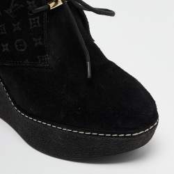 Louis Vuitton Black Monogram Suede Wedge Ankle Boots Size 36