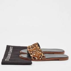 Louis Vuitton Brown Leopard Print Calf Hair and Suede Monogram Flat Slides Size 40