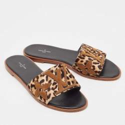 Louis Vuitton Brown Leopard Print Calf Hair and Suede Monogram Flat Slides Size 40