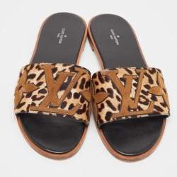 Louis Vuitton Brown Leopard Print Calf Hair and Suede Monogram Flat Slides Size 40