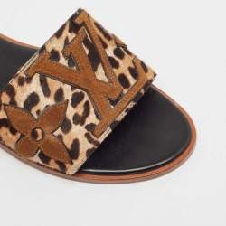 Louis Vuitton Brown Leopard Print Calf Hair and Suede Monogram Flat Slides Size 40