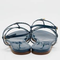 Pre Owned Louis Vuitton Blue Snakeskin and Patent Leather Sunseeker Flat Sandals Size 38.5