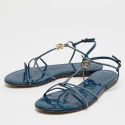 Pre Owned Louis Vuitton Blue Snakeskin and Patent Leather Sunseeker Flat Sandals Size 38.5