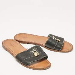 Pre Owned Louis Vuitton Black Leather Lock It Flat Slides Size 40