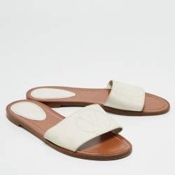 Louis Vuitton White Leather Lock It Flat Slides Size 39