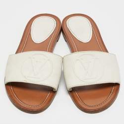 Louis Vuitton White Leather Lock It Flat Slides Size 39