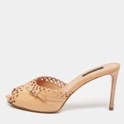 Louis Vuitton Beige Patent Leather Cut Buckle Detail Slide Sandals Size 38