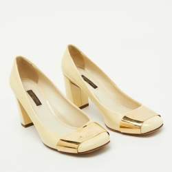 Louis Vuitton Cream Patent Leather Block Heel Pumps Size 38
