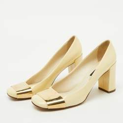 Louis Vuitton Cream Patent Leather Block Heel Pumps Size 38
