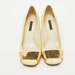 Louis Vuitton Cream Patent Leather Block Heel Pumps Size 38