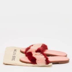 Louis Vuitton Pink/Red Mink Fur Lock It Flat Slide Sandals Size 37