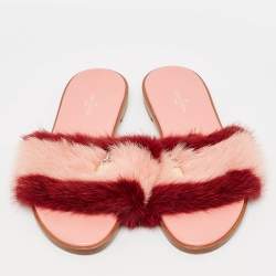 Louis Vuitton Pink/Red Mink Fur Lock It Flat Slide Sandals Size 37