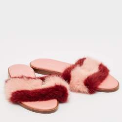 Louis Vuitton Pink/Red Mink Fur Lock It Flat Slide Sandals Size 37
