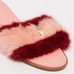 Louis Vuitton Pink/Red Mink Fur Lock It Flat Slide Sandals Size 37