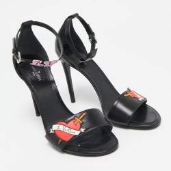 Louis Vuitton Black Leather LV Patch Ankle Strap Sandals Size 40