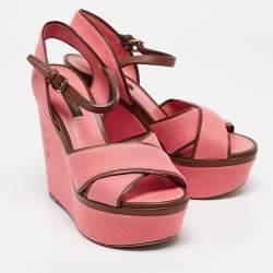 Pre Owned Louis Vuitton Pink Denim and Leather Articles De Voyage Wedge Sandals Size 36