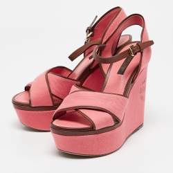 Pre Owned Louis Vuitton Pink Denim and Leather Articles De Voyage Wedge Sandals Size 36