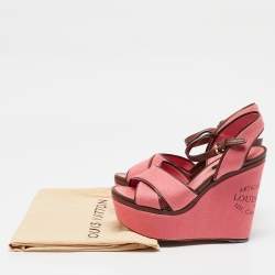 Pre Owned Louis Vuitton Pink Denim and Leather Articles De Voyage Wedge Sandals Size 36