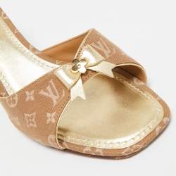 Louis Vuitton Brown Mini Lin Canvas Bow Slide Sandals Size 36.5