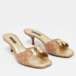 Louis Vuitton Brown Mini Lin Canvas Bow Slide Sandals Size 36.5