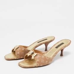 Louis Vuitton Brown Mini Lin Canvas Bow Slide Sandals Size 36.5