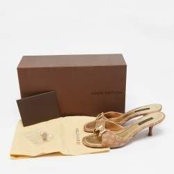 Louis Vuitton Brown Mini Lin Canvas Bow Slide Sandals Size 36.5