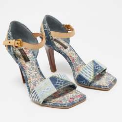 Louis Vuitton Blue Denim And Leather Trim Patchwork Ankle Strap Sandals Size 37