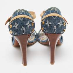 Louis Vuitton Blue Denim And Leather Trim Patchwork Ankle Strap Sandals Size 37