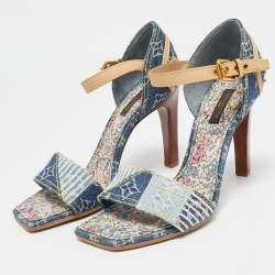 Louis Vuitton Blue Denim And Leather Trim Patchwork Ankle Strap Sandals Size 37