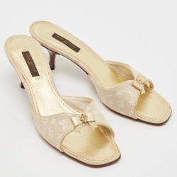 Louis Vuitton Two Tone Mini Lin Canvas Bow Slide Sandals Size 37