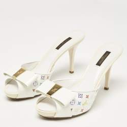 Louis Vuitton White Multicolore Monogram Canvas and Patent Leather Slide Sandals Size 37