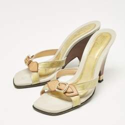 Louis Vuitton Gold Patent Leather Buckle Detail Slide Sandals Size 39