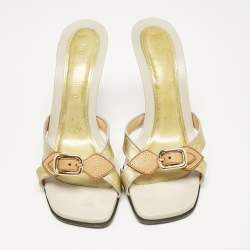 Louis Vuitton Gold Patent Leather Buckle Detail Slide Sandals Size 39