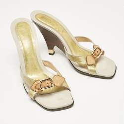 Louis Vuitton Gold Patent Leather Buckle Detail Slide Sandals Size 39