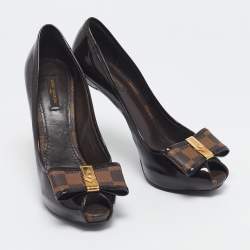 Louis Vuitton Brown/Burgundy  Patent Leather And Infini Canvas Bow Peep Toe Platform Pumps Size 39