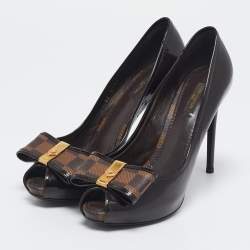 Louis Vuitton Brown/Burgundy  Patent Leather And Infini Canvas Bow Peep Toe Platform Pumps Size 39