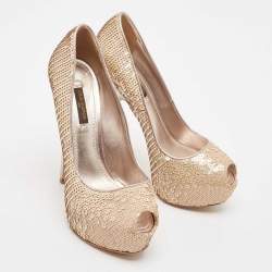 Pre Owned Louis Vuitton Beige Leather and Sequins Peep Toe Pumps Size 37