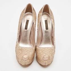 Pre Owned Louis Vuitton Beige Leather and Sequins Peep Toe Pumps Size 37
