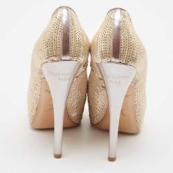 Pre Owned Louis Vuitton Beige Leather and Sequins Peep Toe Pumps Size 37