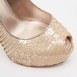 Pre Owned Louis Vuitton Beige Leather and Sequins Peep Toe Pumps Size 37
