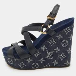 Pre Owned Louis Vuitton Navy Blue Leather and Monogram Denim Ocean Wedge Sandals Size 38