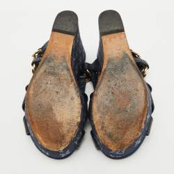Pre Owned Louis Vuitton Navy Blue Leather and Monogram Denim Ocean Wedge Sandals Size 38