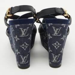 Pre Owned Louis Vuitton Navy Blue Leather and Monogram Denim Ocean Wedge Sandals Size 38