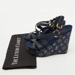 Pre Owned Louis Vuitton Navy Blue Leather and Monogram Denim Ocean Wedge Sandals Size 38